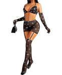 RSLOVE Womens Sexy Lingerie Set - Exotic Babydoll Matching Gloves Fishnet Stockings with Garter Skirt Black One Size