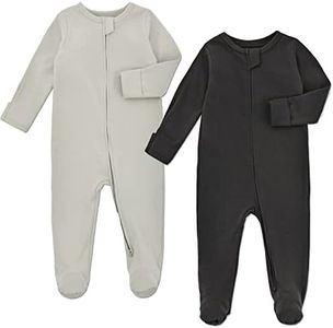 Aablexema Baby Pajamas with Feet and Mittens 2-Pack Zip Up Infant Cotton Long Sleeve Footies Sleep and Play(Light Grey & Black Grey,0-3m)