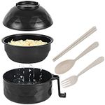 Ramen Bowl Set, Microwave Ramen Cooker Bowl, Instant Noodles Bowl with Chopsticks, Spoon, Fork, Rapid Ramen Noodles for College Dorm Room Essentials Dishwasher-Safe (Black)