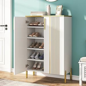 Tribesigns Shoe Cabinet with Doors, 6-Tier Shoe Storage Cabinet with Adjustable Shelves, Wooden Shoes Rack Shoe Storage Organizer for Entryway, Hallway, Closet, Living Room, Gold and White