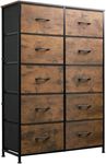 WLIVE Tall Dresser for Bedroom with 10 Fabric Drawers, Organizer Units for Closet, Storage Tower with Cabinet, Metal Frame, Rustic Brown Wood Grain Print Dressers