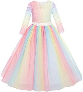 Baby Girls 3/4 Sleeve Floral Lace Tulle First Communion Pageant Holiday Dresses Kids Big Girls Princess Birthday Carnival Christmas Baptism Christening Birthday Prom Ball Gown Rainbow-White 7-8 Years