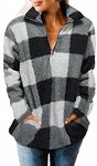 ZESICA Women's Plaid Long Sleeve Zipper Sherpa Fleece Sweatshirt Pullover Jacket Coat with Pockets,Black,Small