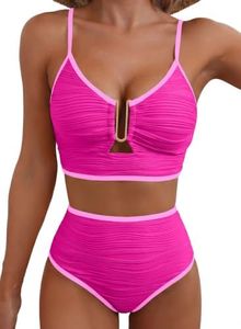 Herseas Women's Bikini Sets Two Piece Popular Metal U-Wire V Neck Cutout Push Up Bathing Suit Sexy Colorblock Trim Crisscross Back Swimsuit 2026 Summer Trendy Resort Essentials Rose Red Medium
