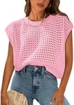 PRETTYGARDEN Womens Summer Tops 2025 Spring Sweater Pullover Crochet Hollow Out Cap Sleeve Crew Neck Knit Beach Cover Ups(Pink,X-Large)