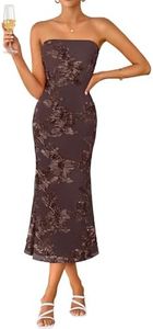 ZESICA Women's Summer Strapless Floral Midi Dress 2026 Bodycon Mesh Tube Wedding Guest Cocktail Party Formal Dresses Brown Large