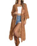 Bsubseach Women Mesh Cardigan Lace Beach Kimono Open Front Swimsuit Cover Ups Bikini Swimwear Brown