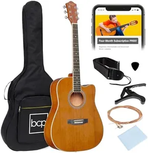 Best Choice Products 41in Beginner Acoustic Guitar Full Size All Wood Cutaway Guitar Starter Set Bundle with Case, Strap, Capo, Strings, Picks - Natural Mahogany
