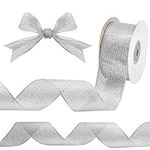 Belle Vous Metallic Silver Organza Christmas Ribbon Spool - 23m/25 Yards Long Ribbon Roll, 40mm Wide - Wired Christmas Tree Ribbon for Gift Wrapping, Xmas Crafts & Party Decorations