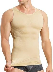 MOLUTAN Mens Compression Shirt Slimming Body Shaper Vest Sleeveless Waist Trainer Workout Tank Top Tummy Control Shapewear, Beige, X-Small-Small