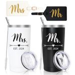 Personalized Mr and Mrs EST 2024 Gift Stainless Steel Travel Tumbler & Leather Luggage Tag Set - Wedding Gifts for Couples 2024- Perfect Newlywed,Engagement,Bridal Shower Gifts