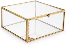 Hipiwe Vintage Glass Jewelry Organizer Box, Golden Metal Keepsake Box Desktop Jewelry Organizer Holder, Wedding Birthday Gift, Square Vanity Decorative Box for Dresser,Bathroom (Gold, Large)