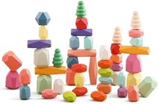 OESSUF Stacking Rocks 48Pcs Stacking Blocks Balancing Stacking Stones Wooden Building Toys Wood Stone Stacking Game for Toddler Sorting Preschool Educational Montessori Stacking Rocks for Kids
