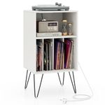 CASART Record Player Stand, Turntable Stand with Charging Station & Metal Legs, Open Shelves & Cable Hole, Vinyl Record Storage Cabinet for Living Room Bedroom Office (White)