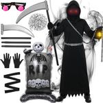 Kicpot Grim Reaper Costume Kids Adult 7PCS Halloween Horror Costume with Scythe Chain Gloves (M, Kids)