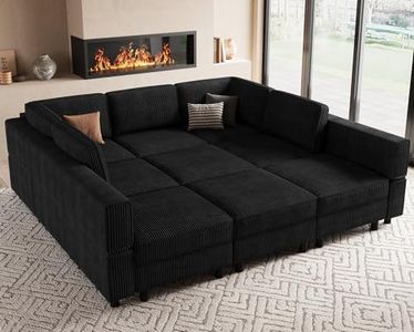 Uteeran 88.6" 9-Seat Modular Sectional Sofa, Convertible Corduroy Sleeper with Deep Storage & Movable Ottoman, Black