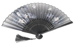 AUM Colorful Floral Pattern Hand Held Foldable Bamboo Japanese Silk Hand Fan (Black-T1) Gift Fan for Girls Women Wedding Favor Theme Party Decoration Stage Shows Dance