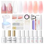 PEACECOLOR Builder Nail Gel Kit, 6 Colors Clear Pink White Builder Nail Gel with Nail Lamp & Cat Eye Gel Base Top Coat, Nail Decoration Chrome Nail Powder Sticker, Nail Extension DIY at Home