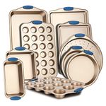 Nutrichef 10-Piece Nonstick Bakeware Set - PFOA, PFOS, PTFE-Free Carbon Steel Baking Trays w/ Heatsafe Blue Silicone Handles, Oven Safe Up to 450°F, Pizza Loaf Muffin Round/Square Pans, Cookie Sheets