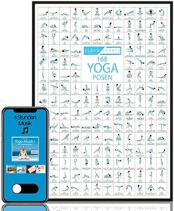 CLEAN SPORTS® Poster yoga DIN A1, 168 pose e asana, accessori per studi di yoga e casa, perfetta idea regalo, esercizi chakra per principianti e professionisti, incl. musica yoga | senza cornice