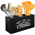 AMRTA Wooden Utensil Holder Bamboo Organiser Kitchen Utensils Cutlery Holder with 2/3 Compartments, Wood Cutlery Caddy Holders, Cooking Tools Set Storage Pots (Black with 3 Compartments)