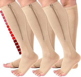 Iseasoo 3 Pairs Zippre Compression Socks - Calf Knee High Open Toe Compression Stockings 15-20mmHg for Walking,Running