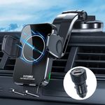 Wireless Car Charger Mount, YITUMU 15W Qi Fast Charging Car Phone Holder Windshield Dashboard Car Phone Holder Wireless Charger for iPhone 14 13 12 11, Samsung, etc （Car Charger Adapter Included）