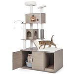 GYMAX Cat Tree with Litter Box Enclosure, All-in-one Cat Tower with Condos, Top Perch, Sisal Posts, Scratching Board, Ramp, Platform & Dangling Balls, Wooden Cat House Furniture (95x55x173cm)