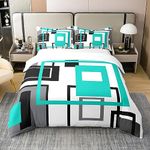 100% Natural Cotton Turquoise Geometric Duvet Cover Black White Teal Grey Bedding Sets King Size,Geometry Square Comforter Cover Simple Abstract Stripes Modern Bed Set 2 Pillow Cases