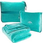 BlueHills Premium Soft Travel Blanket Pillow Airplane Blanket Packed in Soft Bag Pillowcase with Hand Luggage Belt and Backpack Clip, Compact Pack Large Blanket for Any Travel (Teal Green T006)