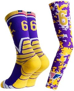 Forever Fanatics Youth Boys Basketball Socks Sports Athletic Crew Socks with Basketball Arm Sleeve - Made in USA, 6 Purple/Gold, 6-10 Years