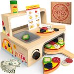 Wooden Pizza Toy - 48 PCS Montessori Pretend Play Food for Ages 3+, Educational Learning Toy Wooden Playset with Bake Oven, Christmas Birthday Gift for 3 4 5 6 Year Old