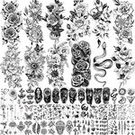 COKTAK 59 Sheets Sexy 3D Rose Flower Temporary Tattoos For Women Girls Arm Neck, Snake Floral Sunflower Leaf Peony Fake Tattoo Sticker Adult, Black Realistic Temp Tatoos Moon Dandelion Butterfly Thigh