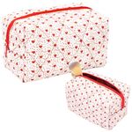 Little Love Quilted Makeup Bag Cotton Puffy Cosmetic Pouch Large Travel Cosmetic Bag Coquette Make Up Bag Organizer Aesthetic Toiletry Bag Women Teen Girls Travel Accessories(Little Red Hearts)