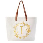 ElegantPark Monogrammed Gifts for Women Personalized Gifts Bag Monogram T Initial Bag Tote for Wedding Bride Bridesmaid Gifts Birthday Gifts Teacher Gifts Bag with Pocket Canvas