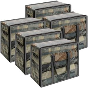 Vieshful Grey 40L Clear Clothes Storage Bag with Zipper 5 Pack Colorful Clothes Organizer Vinyl Storage Bag for Comforter, Blanket, Bedding, Duvet, Transparent Moving Totes, Grey