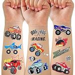 75 PCS Truck Temporary Tattoo for Kids, 4 Sheets Metallic Styles Truck Party Supplies Tattoos -Racing Car Big Car Checkered Flag Trophy Flames Wheel Waterproof Fake Tattoo Stickers for Boys Teens