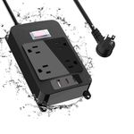 Outdoor Power Bar Waterproof with USB C, 4 Wide AC Outlets Heavy Duty Surge Protector with Flat Plug, Waterproof Shockproof Extension Cord with 2 USB C Port and 1 USB A Port, 6 Ft Cord, Black