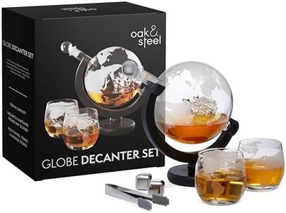 Oak & Steel - Juego Decantador De Whisky de Globo Prima Cristal mas Set de 2 Vasos con en Grabado Y Piedras de Whisky - Capacidad de 1.5 Litros