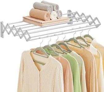 SONGMICS Clothes Drying Rack, Wall-Mounted Drying Rack Clothing, Accordion Laundry Rack, 9 Staggered Hanging Rods, Expandable and Retractable, Steel, Cloud White ULLR806W01