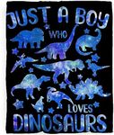 Just A Boy Who Loves Dinosaurs Blue Blanket Gifts for Boys Girls, Jurassic Dino Decor Plush Soft Lightweight Flannel Fleece Dinosaur Throw Blankets Dinosaur Bedding for Teens Sofa Chair 60x50In