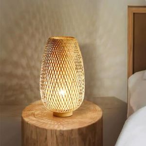 GUANSHAN Lámpara de mesa tejida de bambú Pantalla de bambú Iluminación de mesa de estilo Zen Iluminación de mesa decorativa Luz de noche para dormitorio y sala de estar