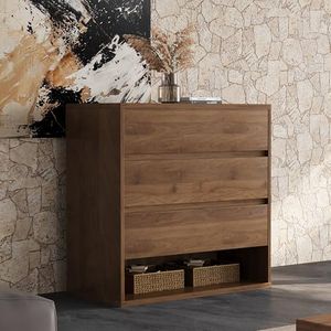 gaoyangjiaju 29.52" Mid Century Modern Nightstand, 3-Drawer Bedside Table with Open Shelf, Walnut Brown, Bedroom Dresser and Living Room Storage Cabinet for Small Apartment or Entryway