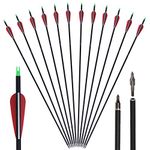 Huntingdoor 12Pcs 30 inch Archery Carbon Arrows Spine 550 Hunting Targeting Arrows with Replaceable Broadhead for Recurve Bow Compound Bow Target Practice