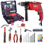 IBELL Professional Tool Kit with Impact Drill TD13-85, 650W, Copper Armature, Chuck 13mm, 59 Home Essential Tools/Accessories with RED/BLACK BMC box