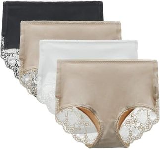LIQQY Lace Underwear for Women High Waisted Brief Comfort Cotton Full Coverage No Roll Panties Multipack (Large, Black/Nude2/White)
