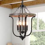 CWarmozy Farmhouse 4-Light Cage Chandelier 14.5" Black Metal and Faux Wood Rustic Chandelier for Dining Room Adjustable Pendant Light Fixture for Kitchen Island Entryway Foyer Bedroom Hallway