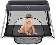 GYMAX Baby Travel Cot, 2 in 1 Portable Playpen Crib with Washable Mattress, Zipper Door and Storage Bag, Lightweight Infant Activity Play Center for 1-3 Years (Dark Gray)