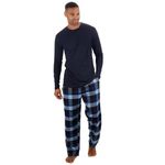 Mens Long Sleeve Plain Top Checked Bottoms Sleepwear Pajama Set Crew Neck Warm Cozy Super Soft Adults Loungewear (Blue-Navy, M)