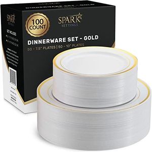 Gold Plastic Plates for Party, 100 Pack Plastic Plates Disposable Wedding Plates, 50 Elegant 10.25” Dinner Plates & 50 Sturdy 7.5” Dessert Party Plates, Disposable Plates for Party - by SparkSettings
